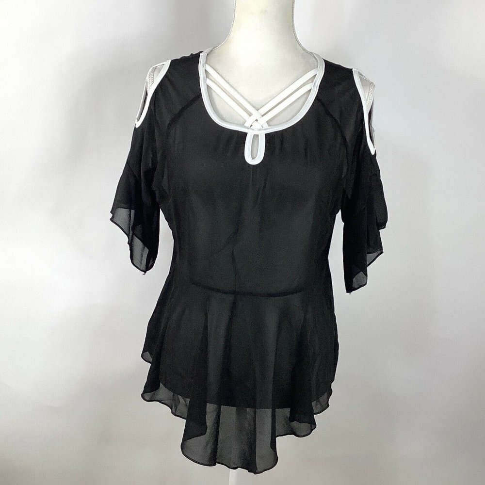 WOMEN'S M Black White Sheer Peplum Cutouts